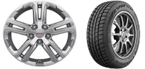 Gray alloy car wheel with five spokes next to a black tire with traction grooves.