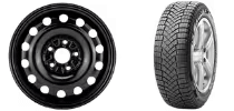 Black steel wheel and modern alloy wheel with premium tire, showcasing different types of automotive wheels for various vehicle needs.