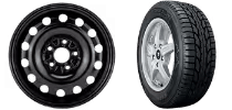 Gray alloy car wheel with five spokes next to a black tire with traction grooves.