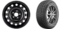 Gray alloy car wheel with five spokes next to a black tire with traction grooves.