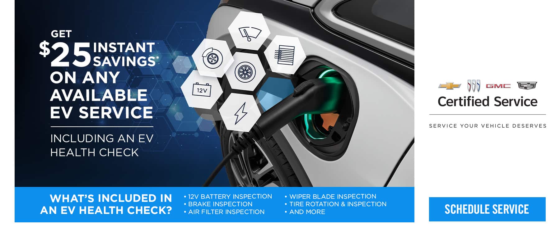$25 off EV service offer with inspection details, charging port image, and certification logos.