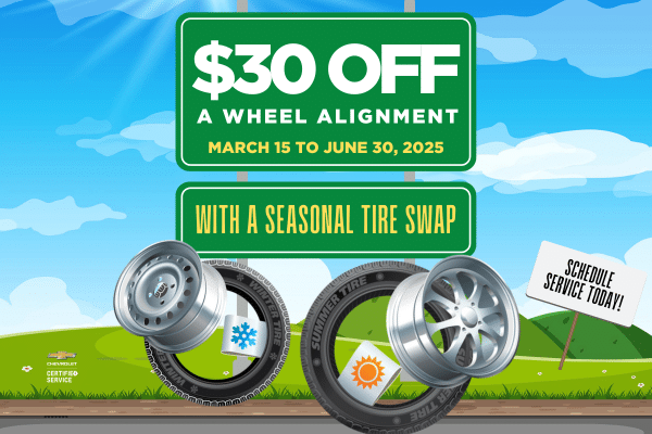 Promotional graphic for a $30 discount on wheel alignment services from March 15 to June 30, 2025, featuring images of summer and winter tires and wheels, encouraging customers to schedule a service.