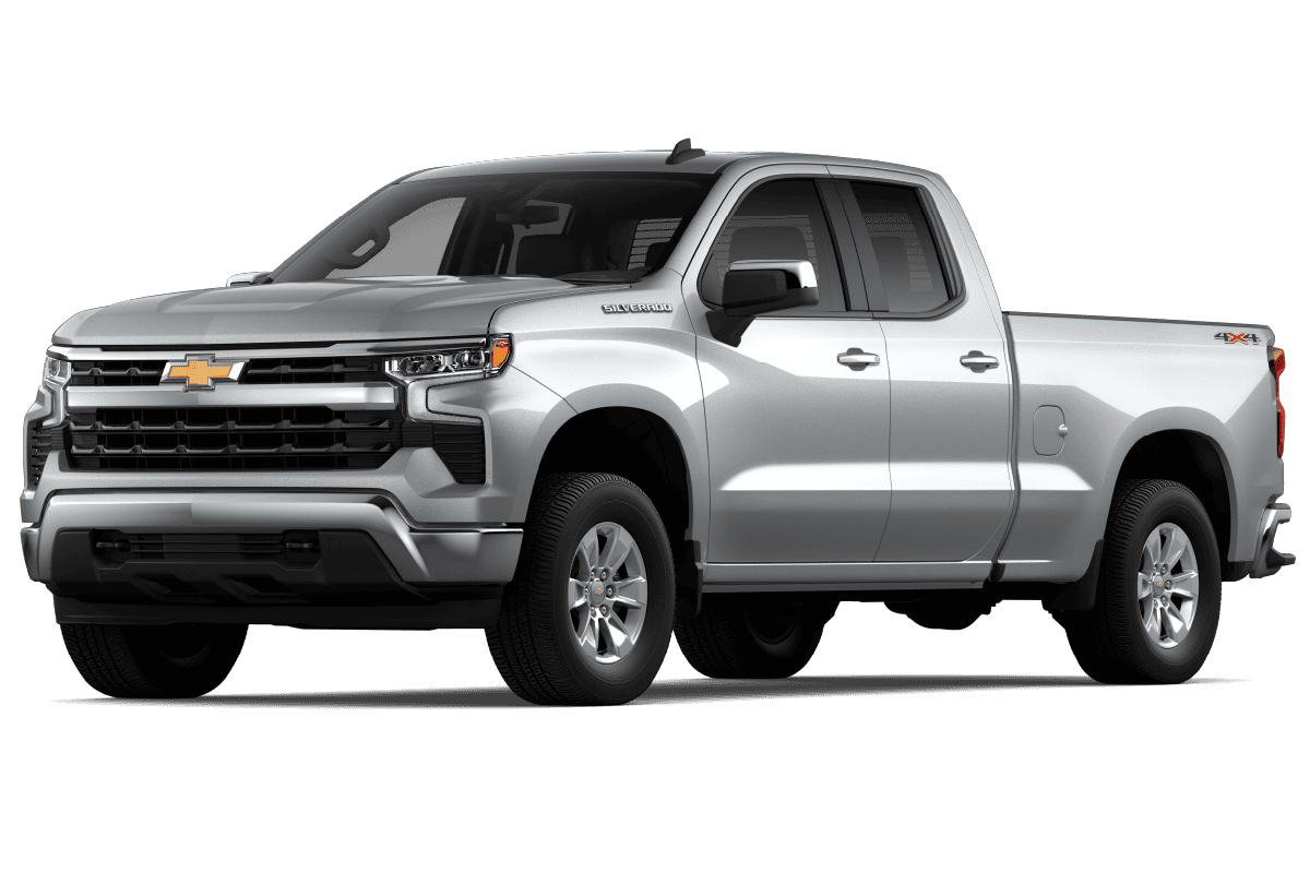 2022 Chevrolet Silverado 1500 in silver metallic finish, showcasing a robust front grille, modern headlights, and spacious crew cab design. The vehicle highlights 4x4 capability, making it ideal for both work and off-road adventures.
