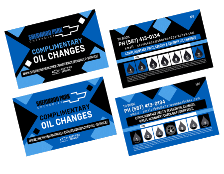 Promotional coupons for Sherwood Park oil change services featuring rewards for completed services. Includes contact information for booking the next oil change and highlights the benefits of the rewards program.