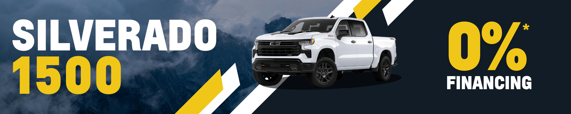 Alt text: White Chevrolet Silverado 1500 truck displayed against a misty mountain background, promoting a special offer of 0% financing.