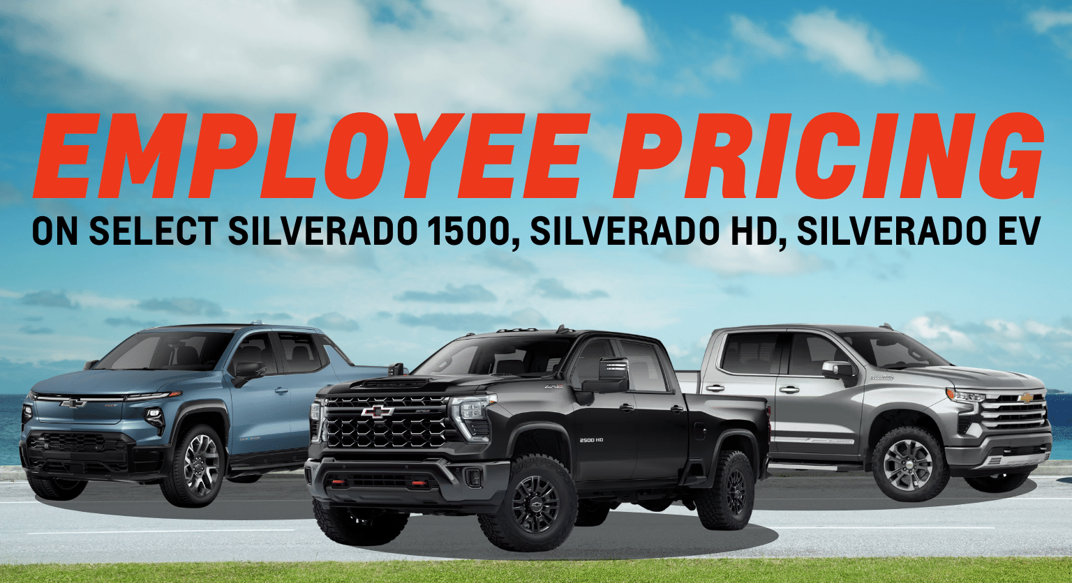 Employee pricing promo for Silverado 1500, HD, EV trucks with cloudy sky backdrop.