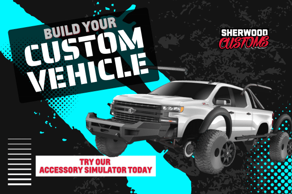 Design of a custom vehicle with bold text promoting Sherwood Customs' accessory simulator.