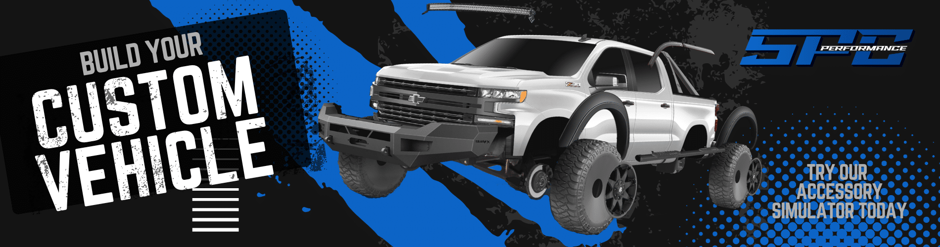 Illustration of a customizable white Chevrolet truck against a vibrant graphic background, promoting Sherwood Customs' accessory simulator for building custom vehicles.