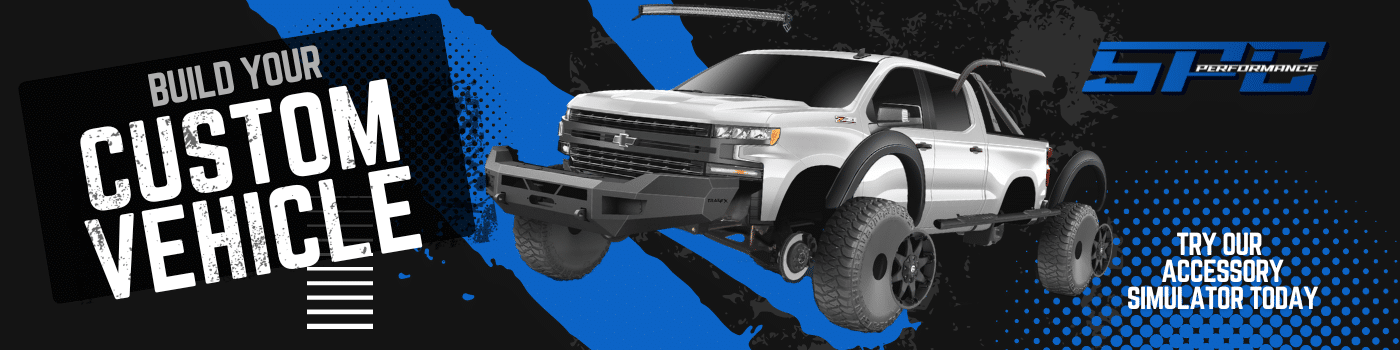 Custom vehicle ad featuring a white, modified truck with bold text "Build Your Custom Vehicle" and "Try Our Accessory Simulator Today."