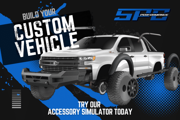 White custom truck on black and blue background with text promoting vehicle customization and accessory simulator.
