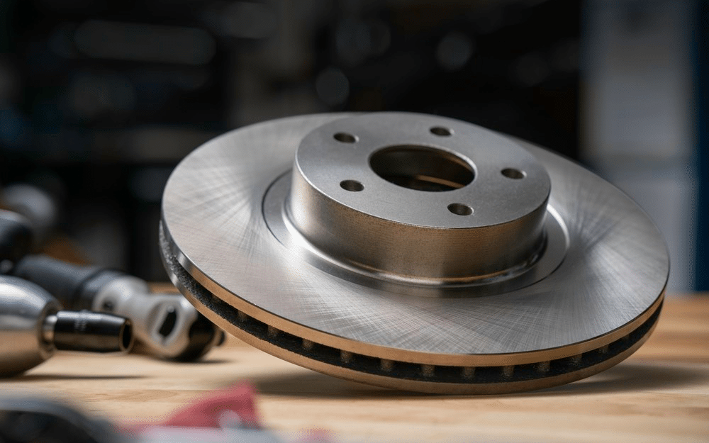 Close-up of a shiny metal brake disc on a wooden workbench, with tools in the background.