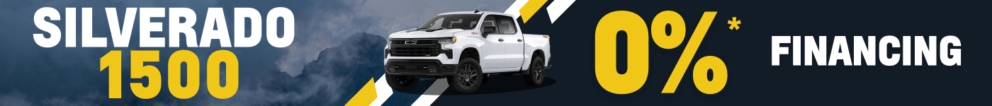 Chevrolet Silverado 1500 promotion offering 0% financing, featuring a white truck image.
