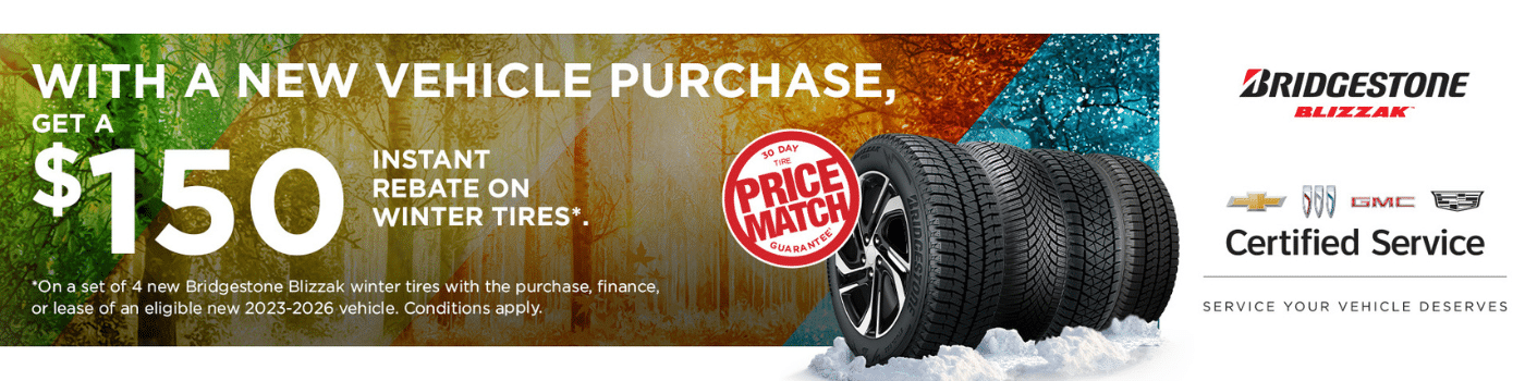 Get a $150 rebate on Bridgestone Blizzak winter tires with a new vehicle purchase, available 2023-2026.