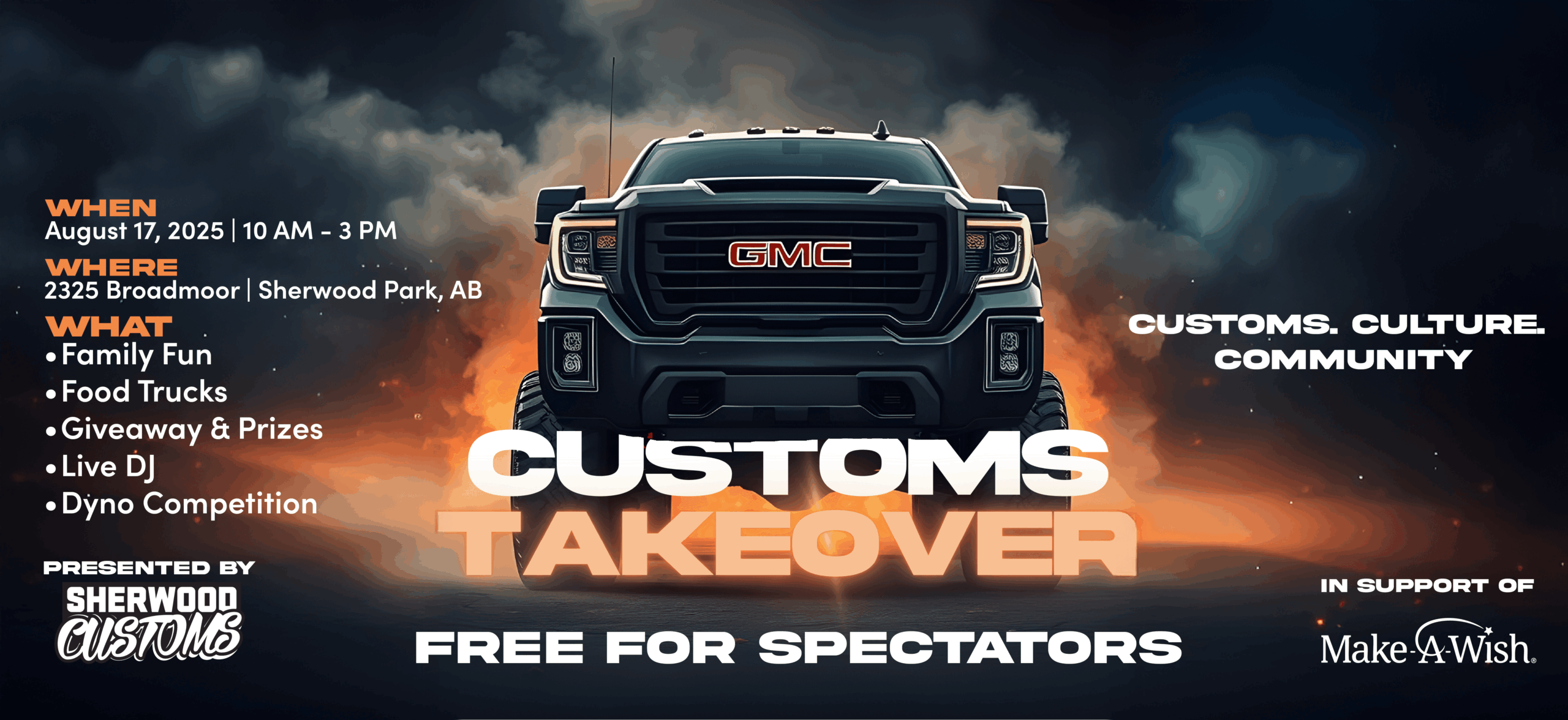 Customs Takeover event poster featuring a GMC truck. Includes event details and sponsors.