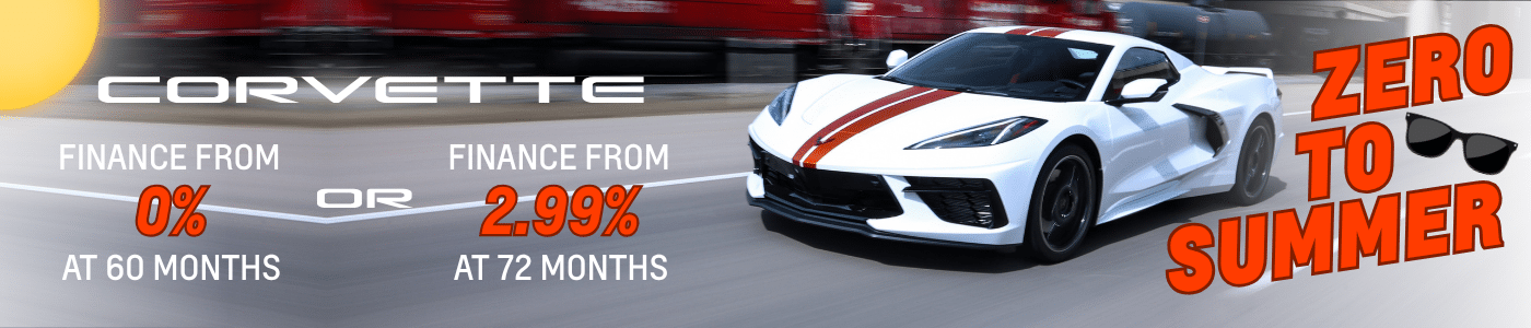 White Corvette driving, offering financing from 0% for 60 months or 2.99% for 72 months. "Zero to Summer" text.